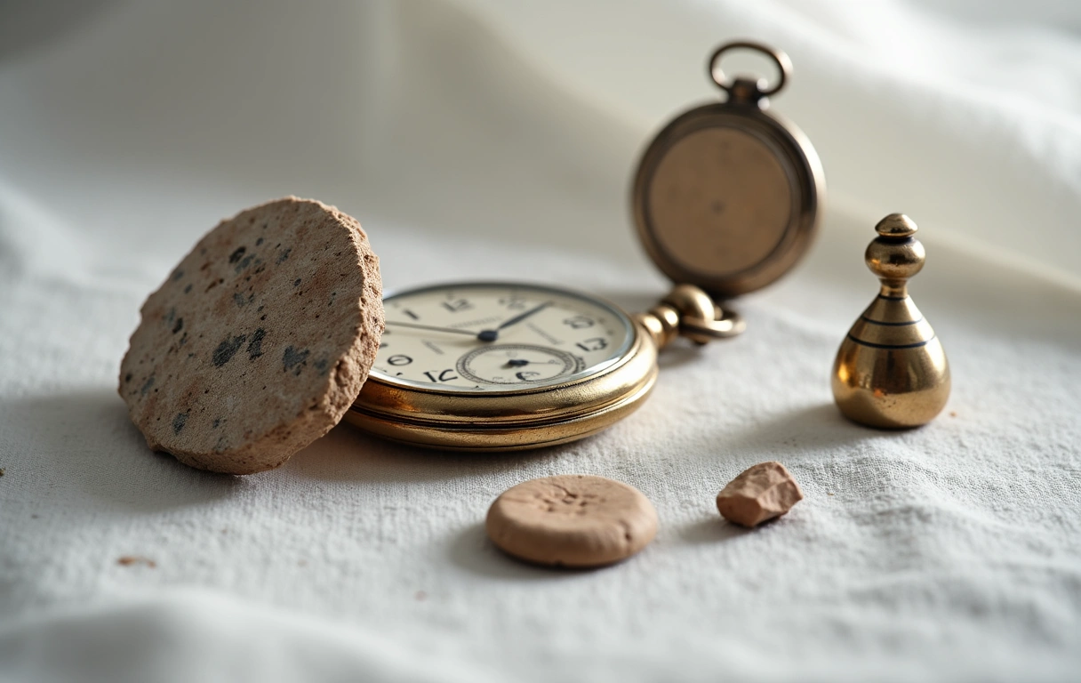 Abstract arrangement of vintage watches, ancient artifacts, and unique artworks on a clean background, showcasing luxury and rarity.