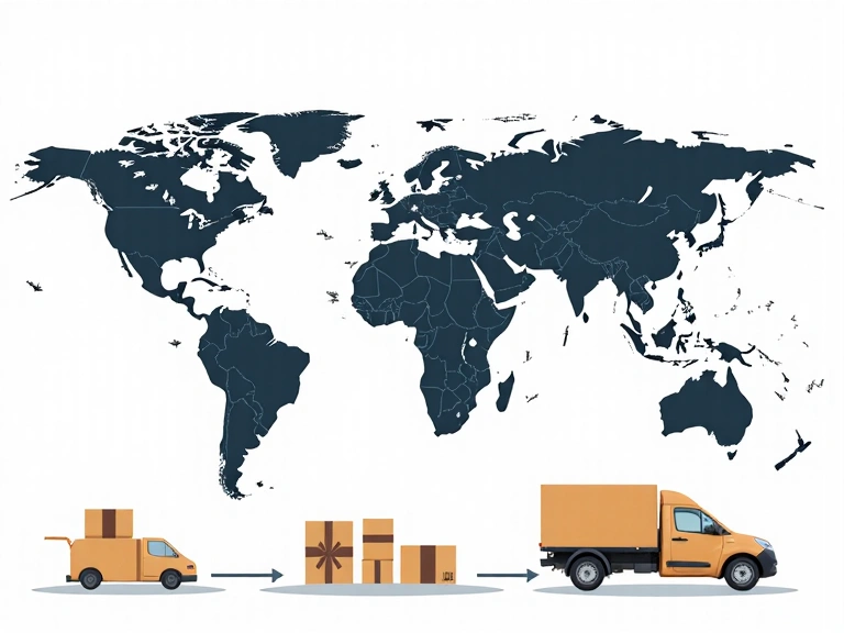 Global shipping and delivery process with a world map and parcel icons