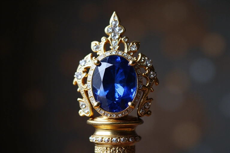 Close-up of the scepter's head, highlighting the large central sapphire and delicate filigree.