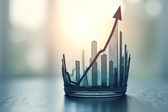 Financial graphs overlaying a silhouette of a royal item