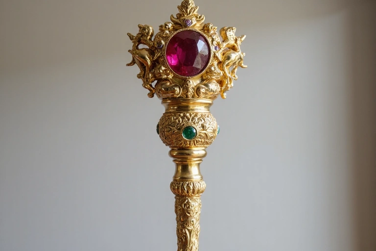 Front view of the Royal Scepter of Seraphina, showcasing its intricate gold work and embedded gemstones.