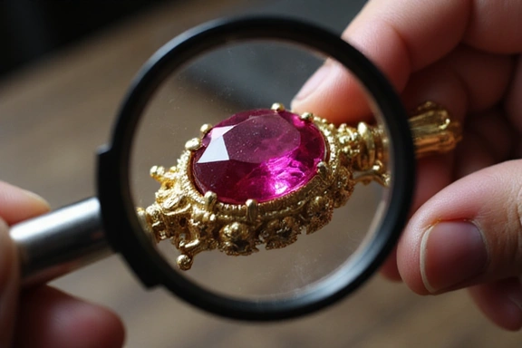 Magnifying glass examining a gemstone on the scepter