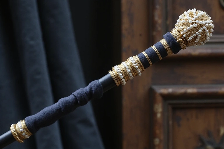 Side view of the scepter, revealing the ergonomic grip and additional decorative elements.