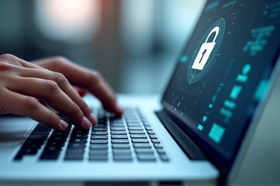 Hands typing on a keyboard with a secure padlock icon overlay